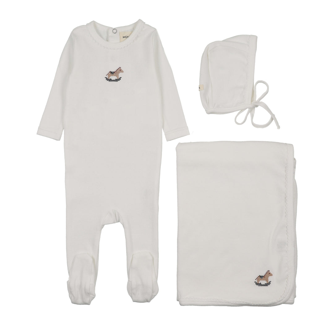 set footie pointelle cross stitch rocking horse with bonnet and blanket - winter white