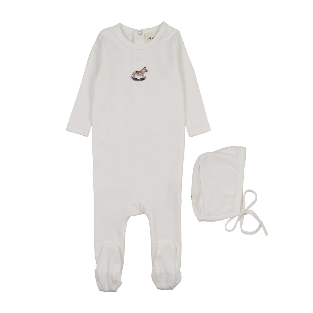 footie pointelle cross stitch rocking horse with bonnet - winter white