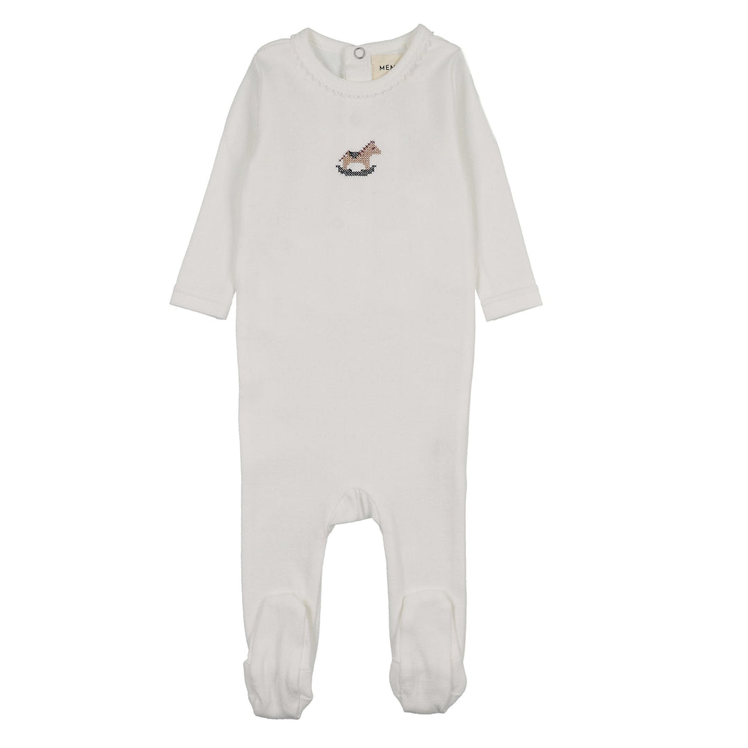 footie pointelle cross stitch rocking horse - winter white