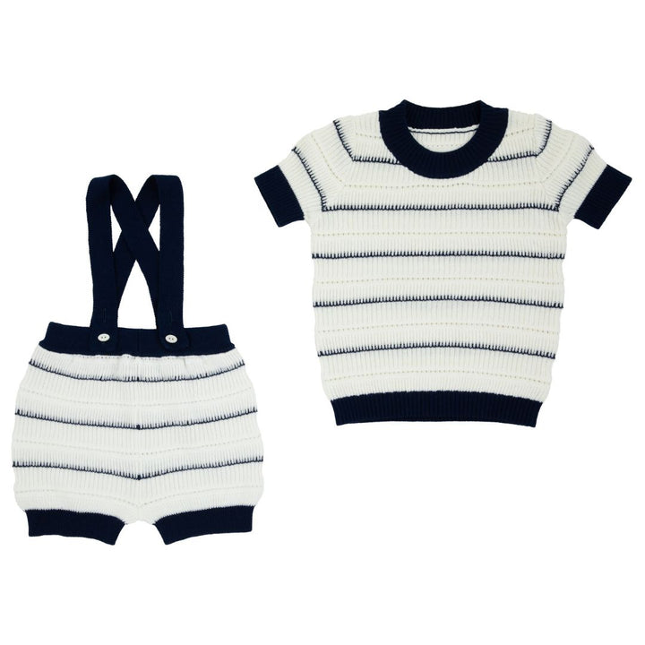 set outfit striped knit sweater and overalls - white/navy