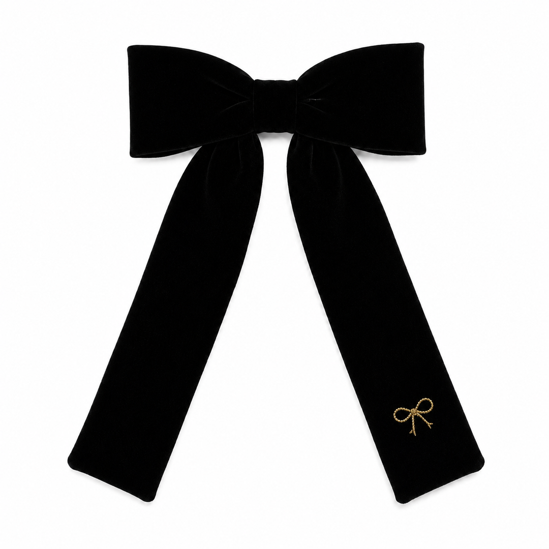 clip velvet gold embroidered bow - black