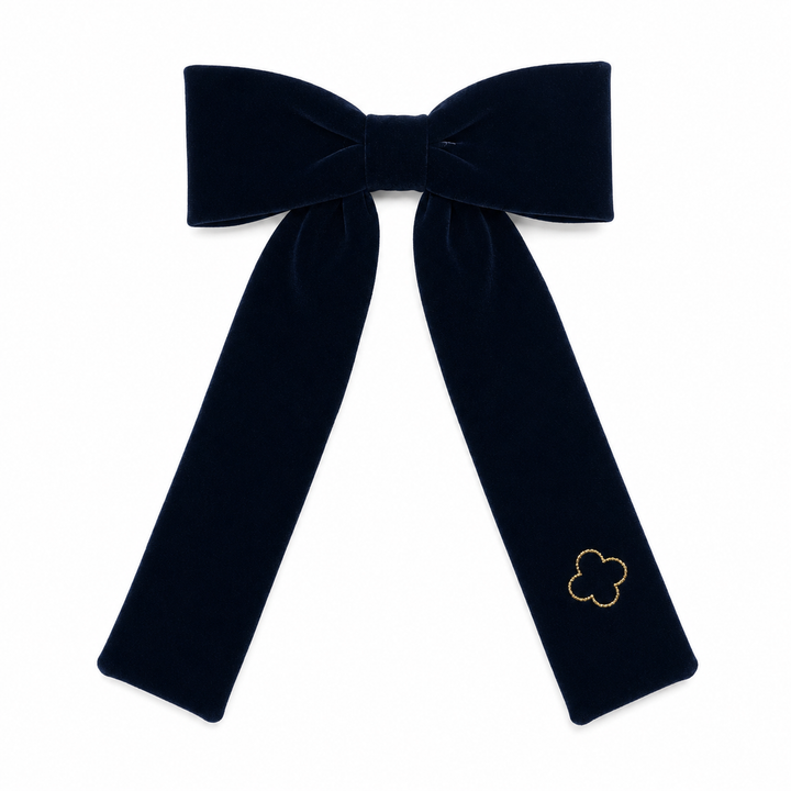 clip velvet gold embroidered bow - navy