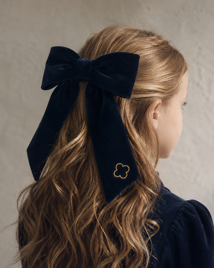 clip velvet gold embroidered bow - navy