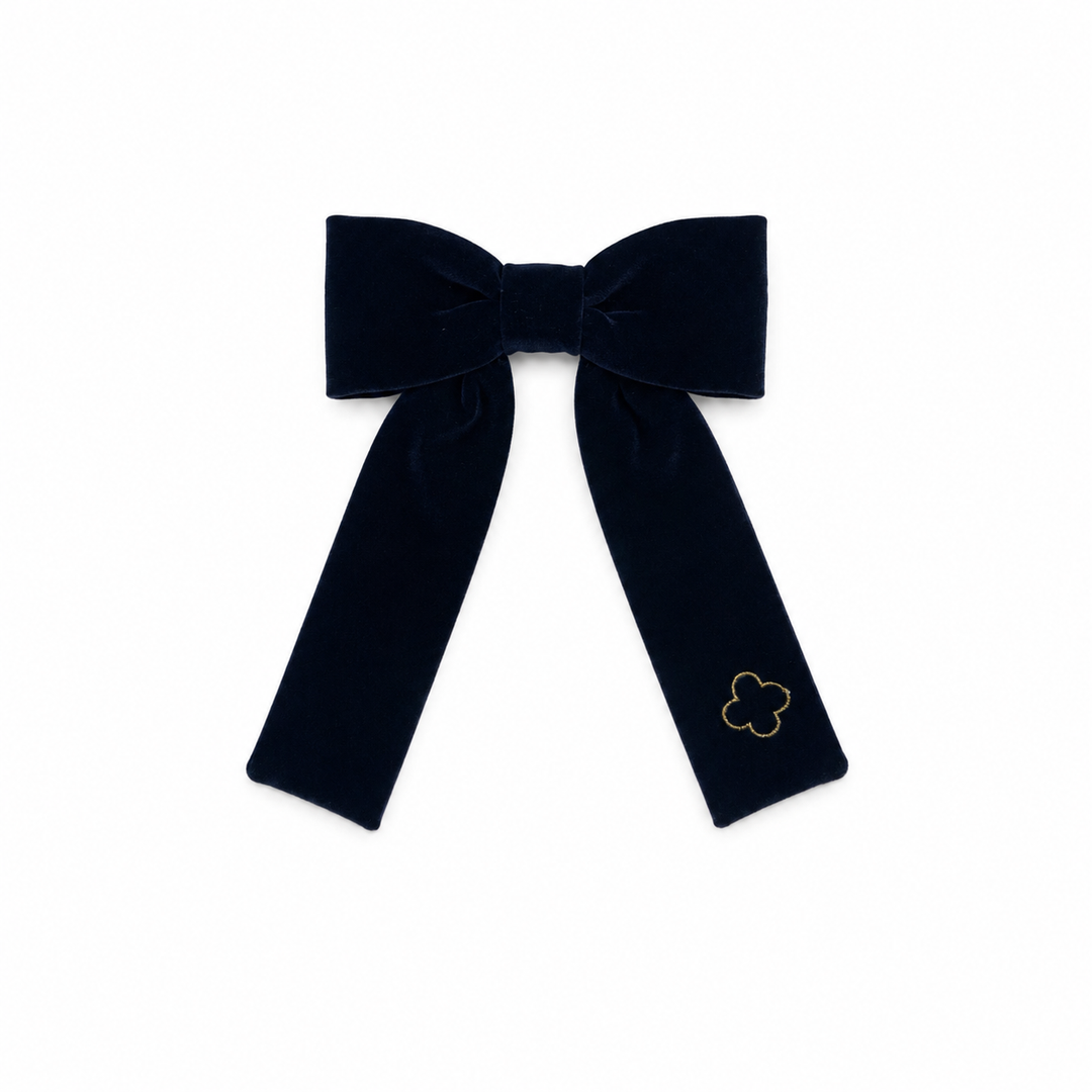 clip velvet gold embroidered bow - navy
