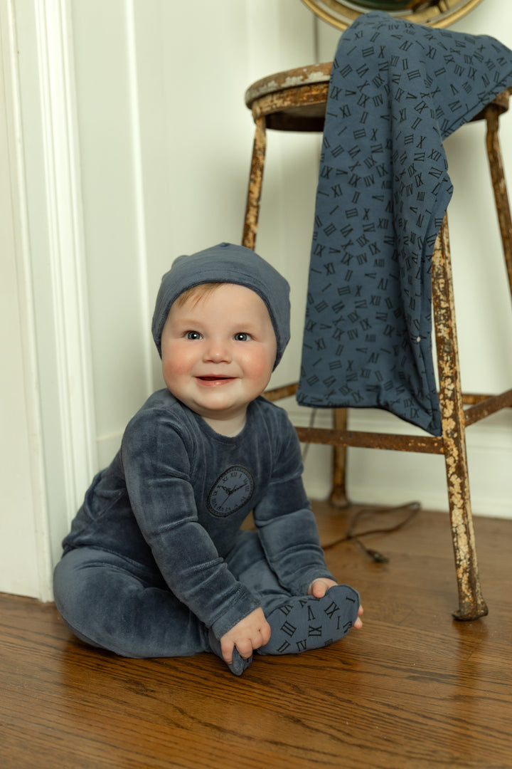 footie velour clock with hat - true navy