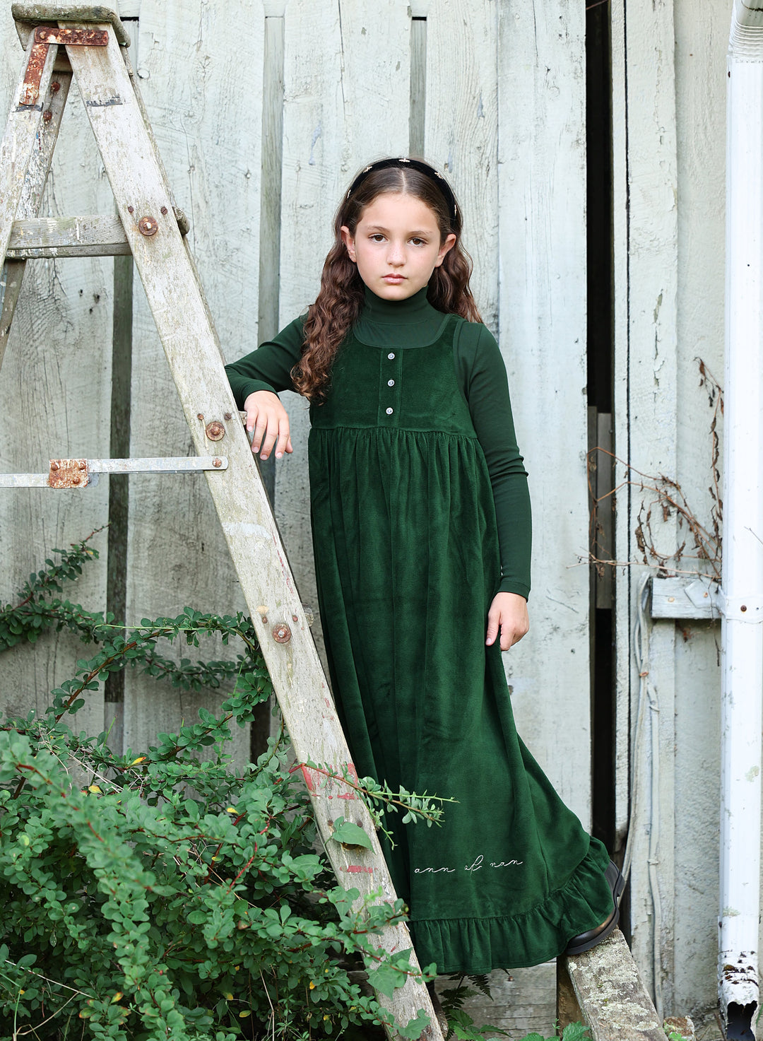 maxi dress velour frill jumper with attached mockneck - green