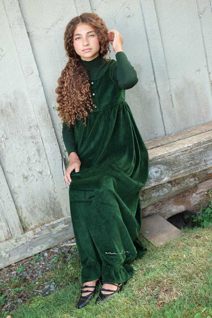 maxi dress velour frill jumper with attached mockneck - green