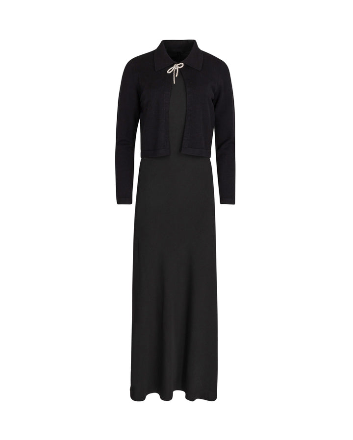 maxi dress slip jumper with bow cardigan - black
