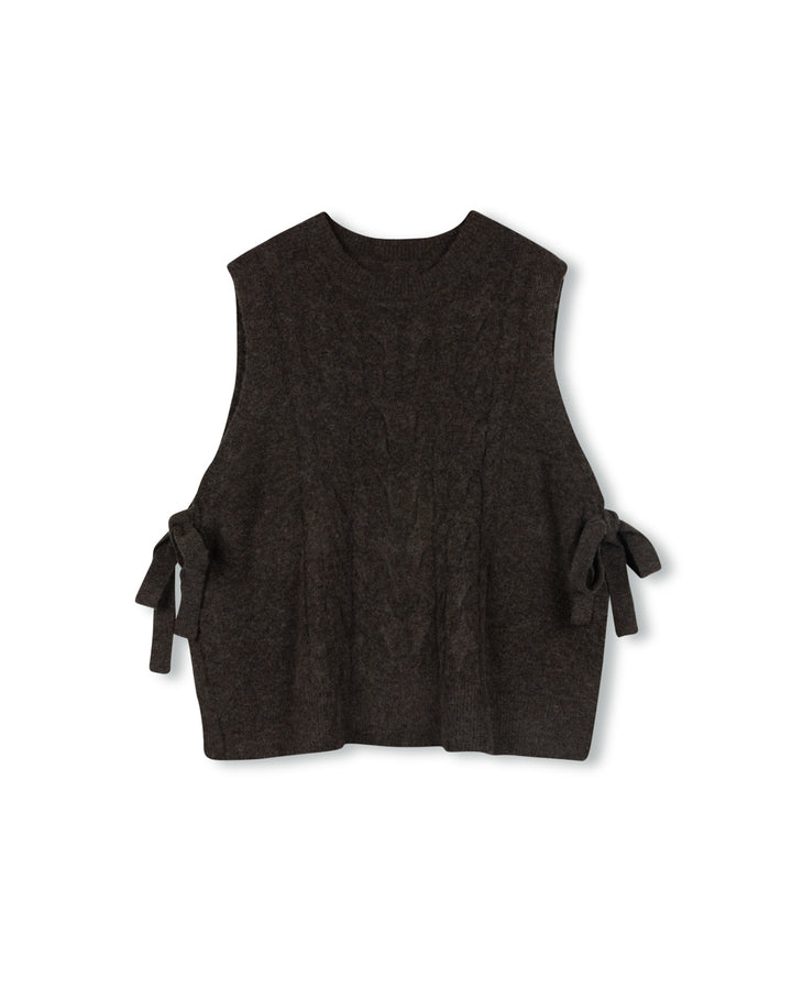 vest wool cable knit with side tie - brown