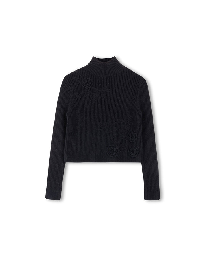 top l/s ribbed chunky embroidered turtleneck - black