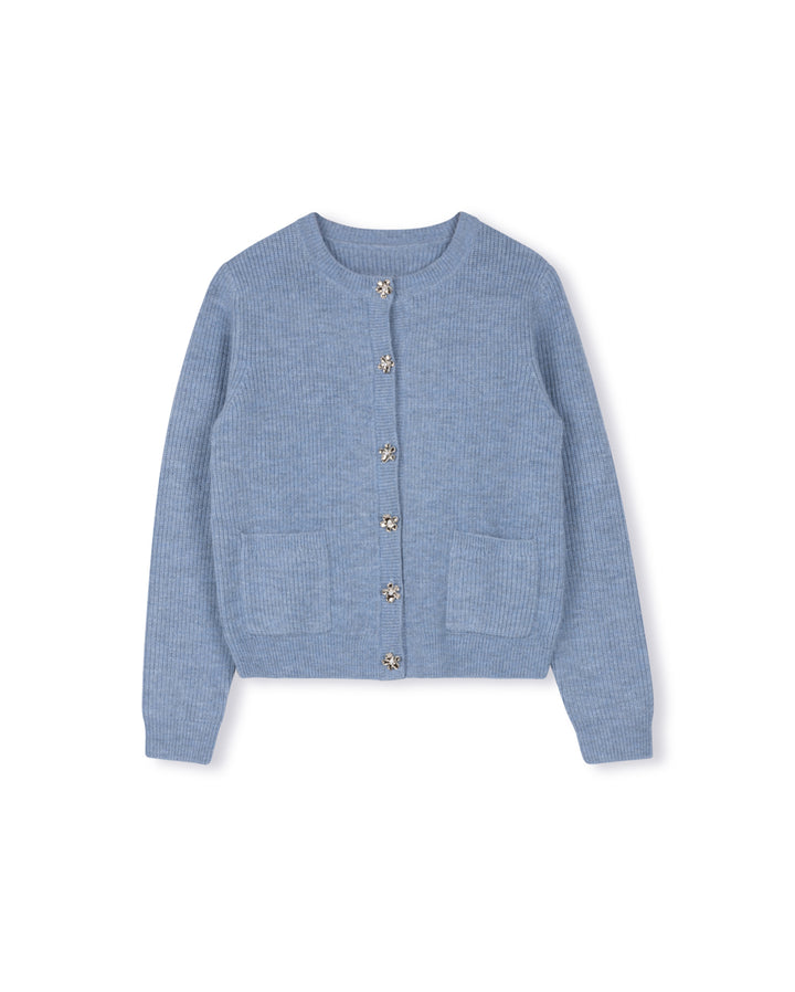 top l/s ribbed knit cardigan crystal buttons - blue