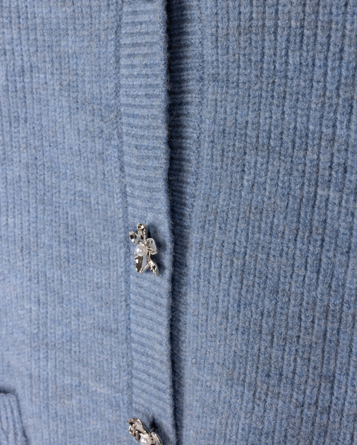 top l/s ribbed knit cardigan crystal buttons - blue
