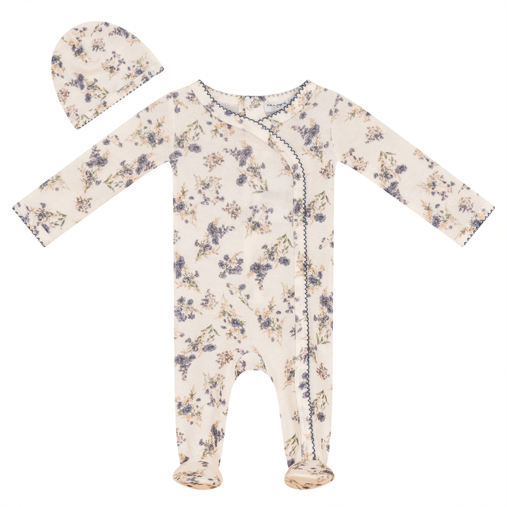 footie floral wrap with hat - off white/denim