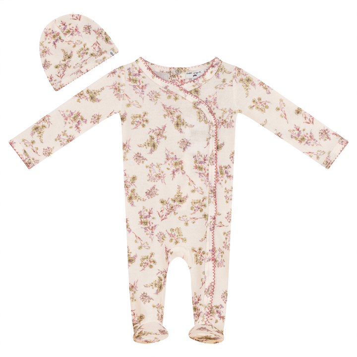 footie floral wrap with hat - off white/rose