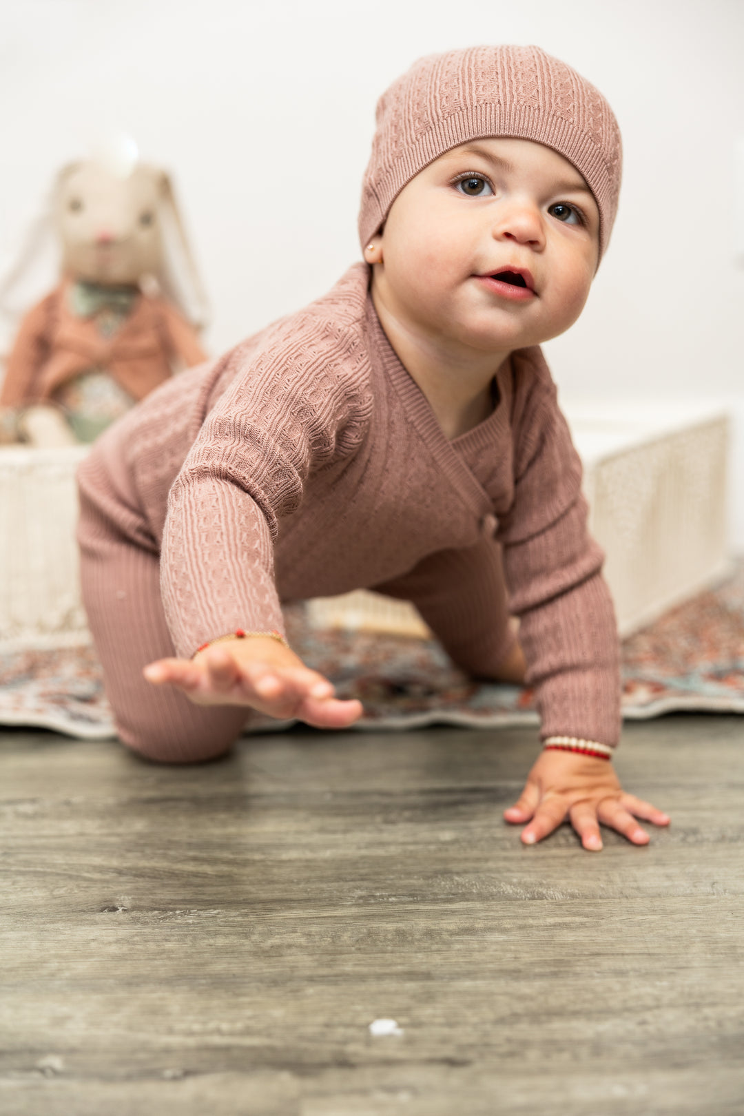 set knit pointelle wrap top with legging and bonnet - ash rose