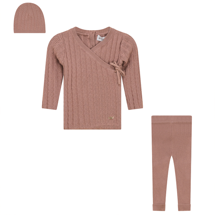 set knit pointelle wrap top with legging and bonnet - ash rose