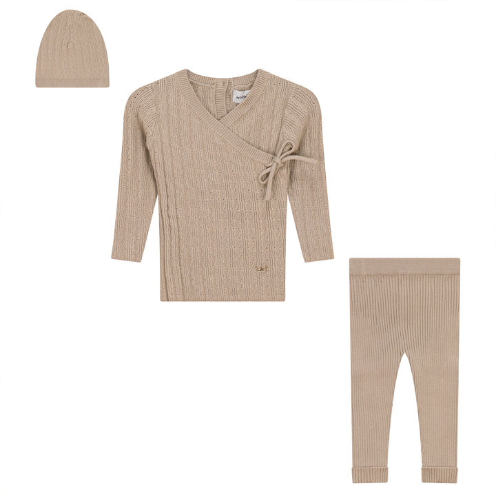 set knit pointelle wrap top with legging and bonnet - sand storm