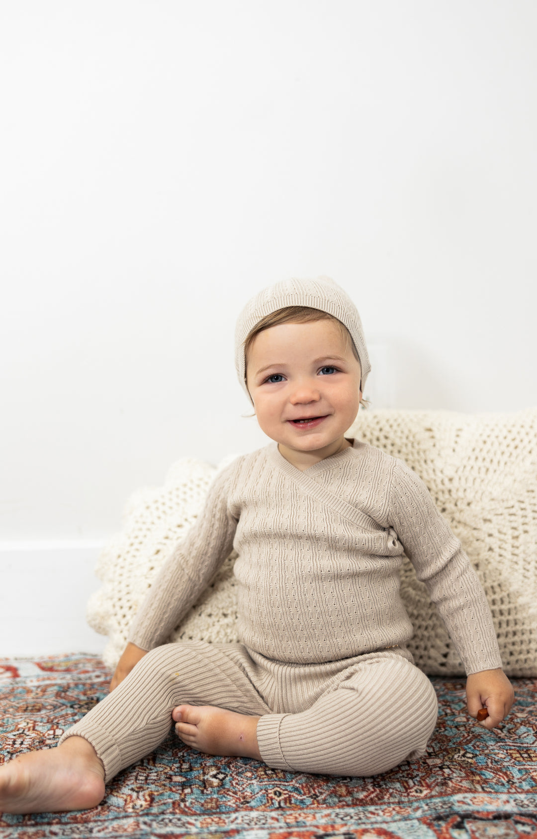 set knit pointelle wrap top with legging and bonnet - sand storm