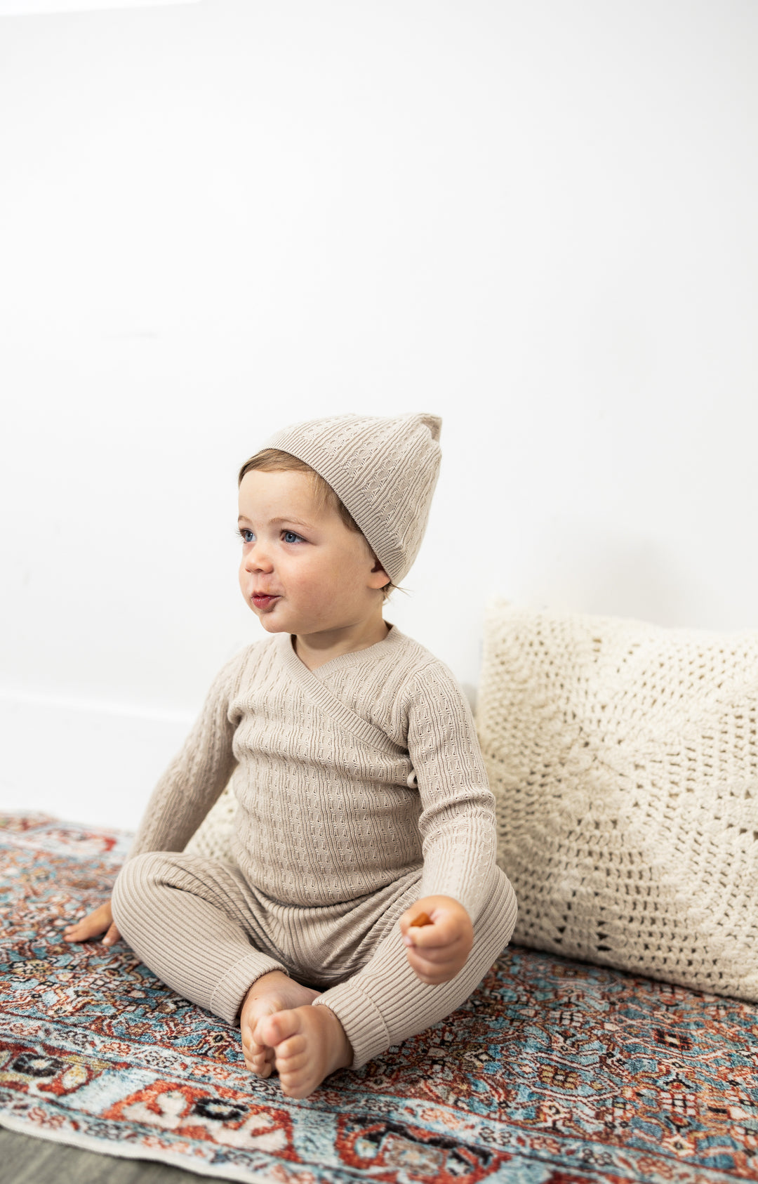 set knit pointelle wrap top with legging and bonnet - sand storm