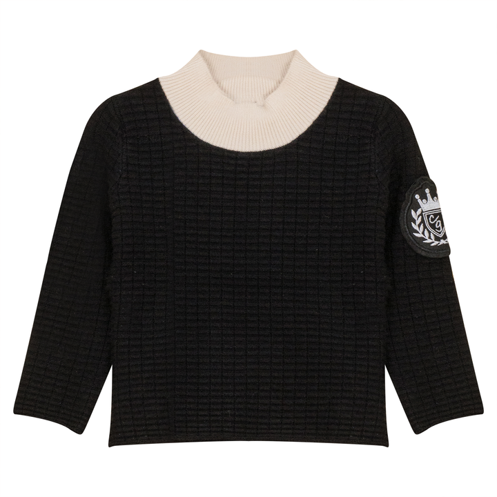 top l/s knit mock neck emblem - black