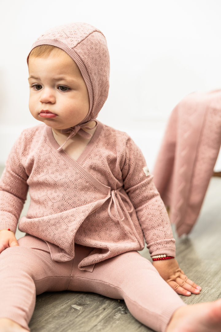 set knit 4 piece with bonnet and blanket - dark blush