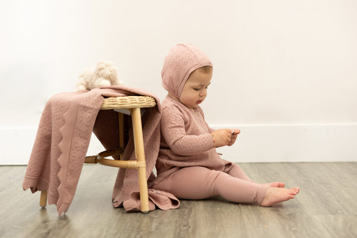 set knit 4 piece with bonnet and blanket - dark blush