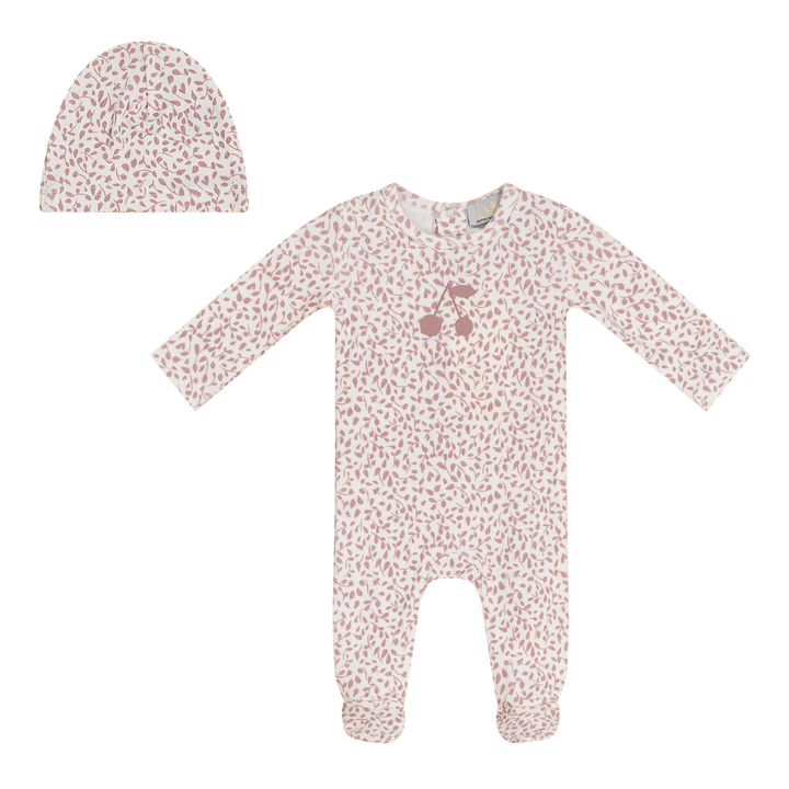 footie cherry printed with hat - off white/rose