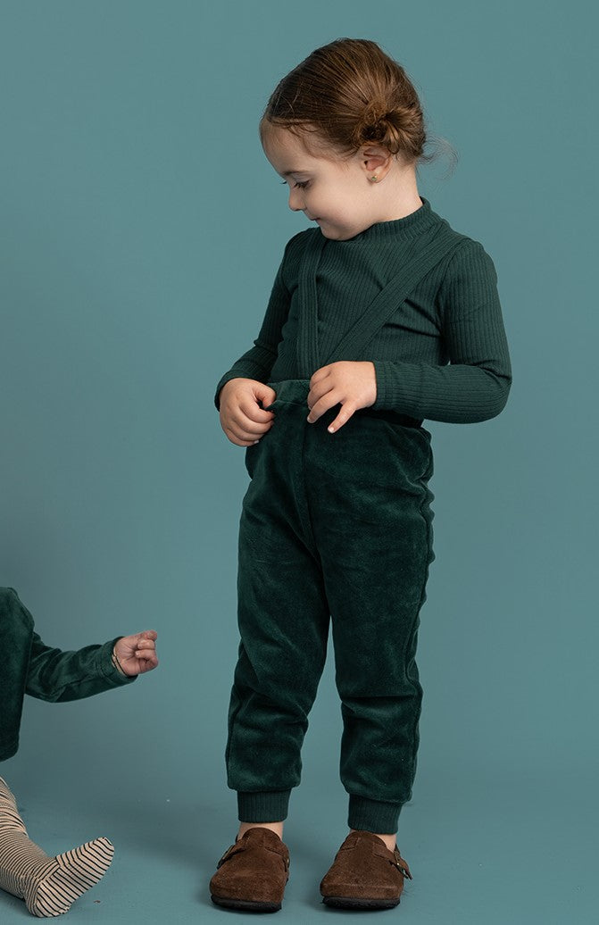 one piece velour overalls with suspenders - pine green