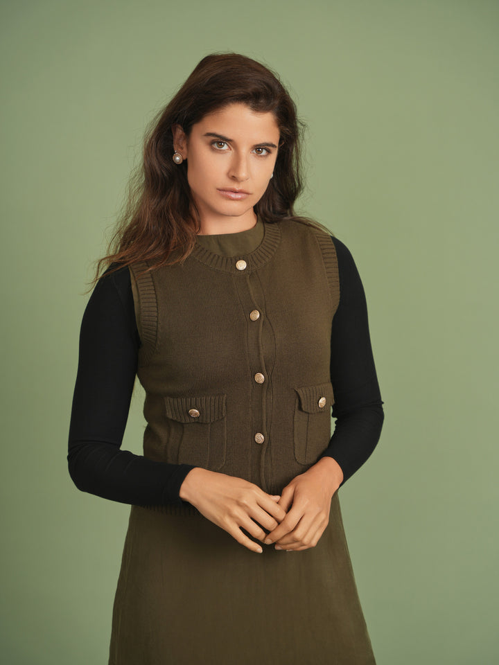 vest knit cropped buttons - olive