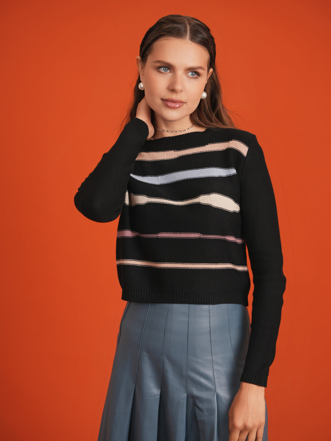 top l/s cropped knit stripe - multi-colour/black