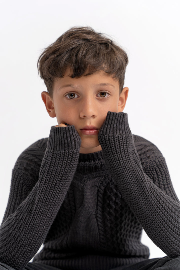 top l/s cable knit sweater - charcoal