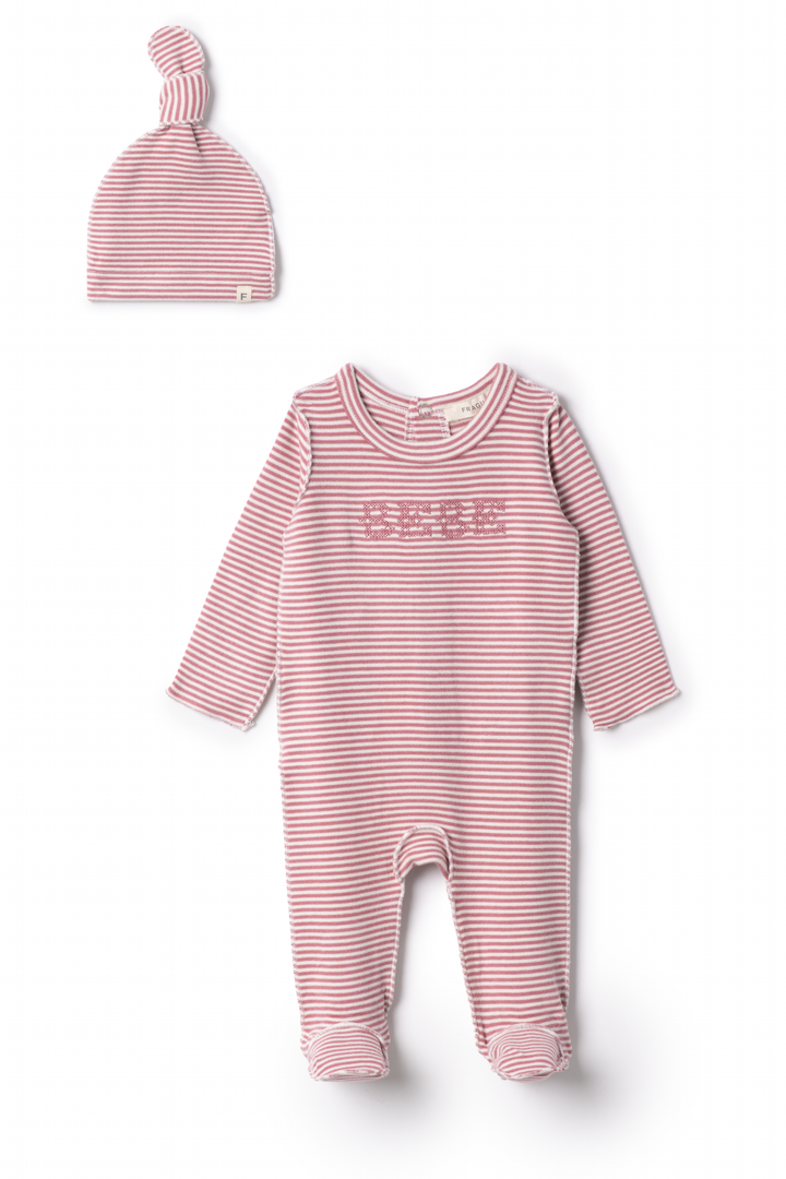 footie striped bebe with beanie - mauve