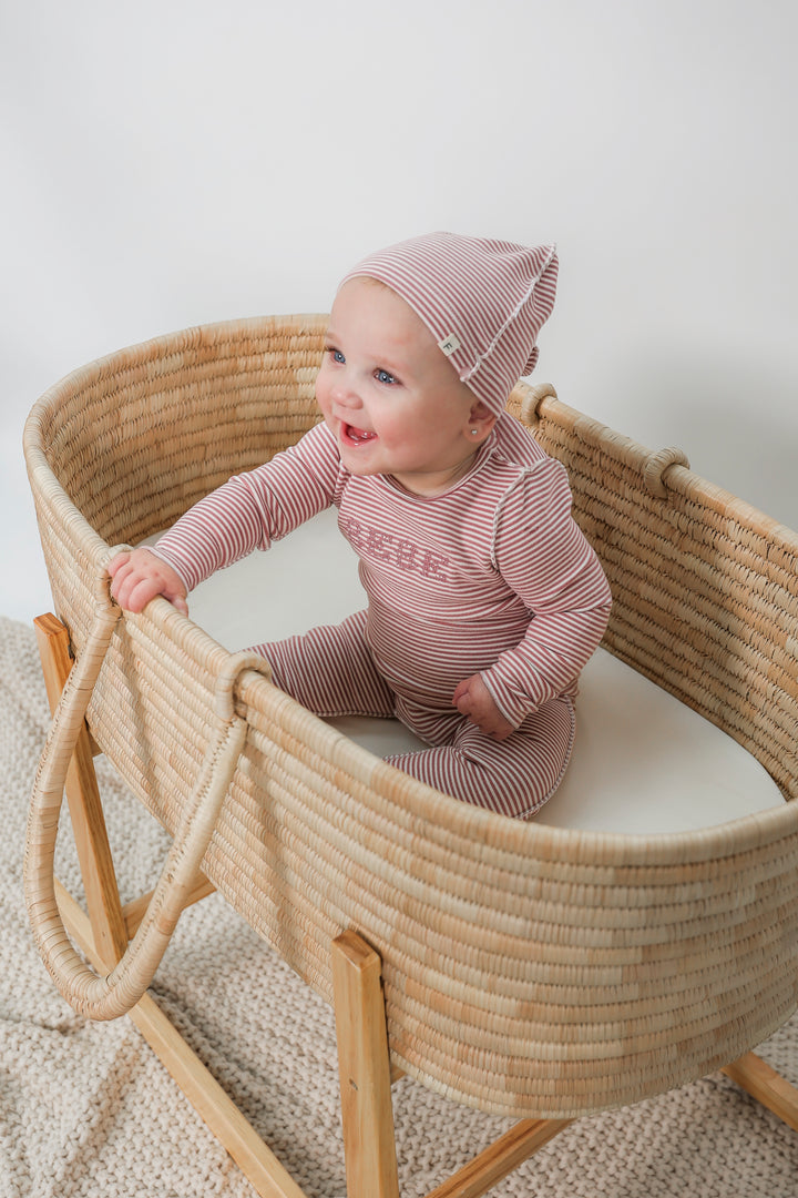 footie striped bebe with beanie - mauve