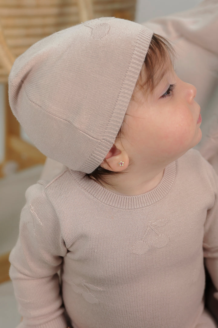 set knit cherry footie with hat and blanket - mauve