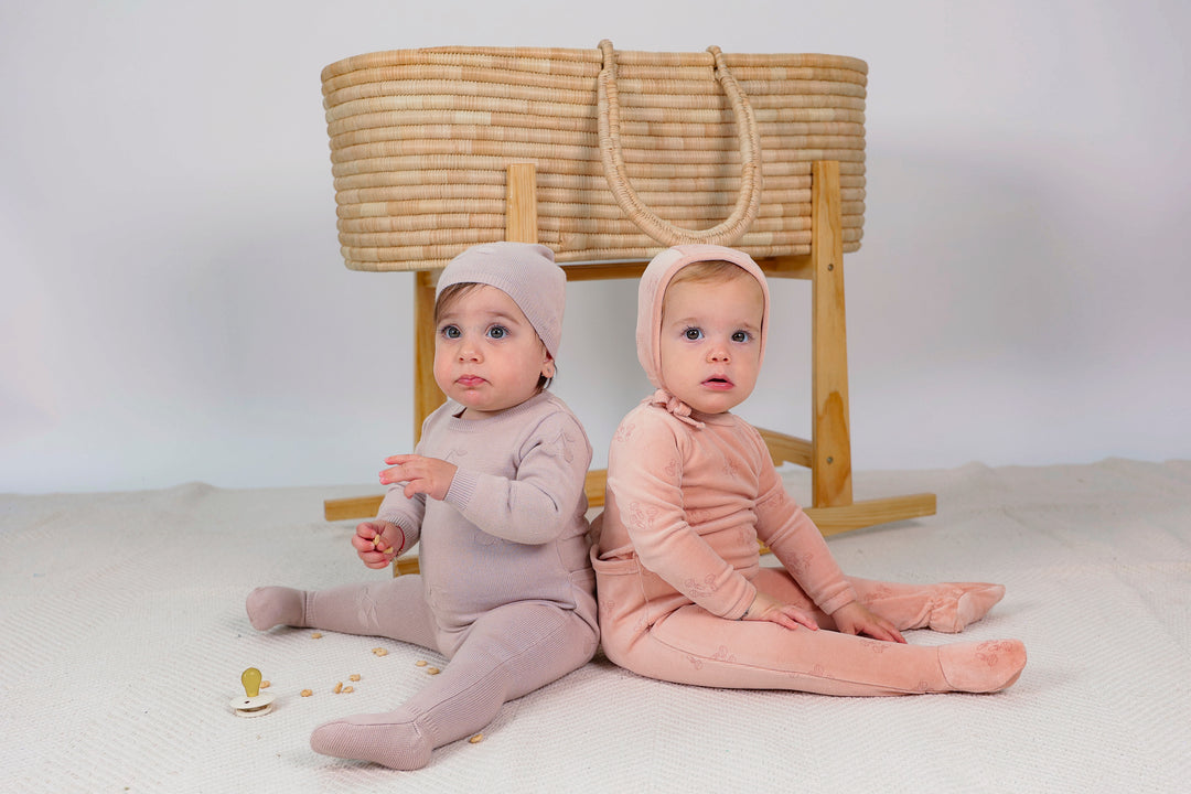 set knit cherry footie with hat and blanket - mauve