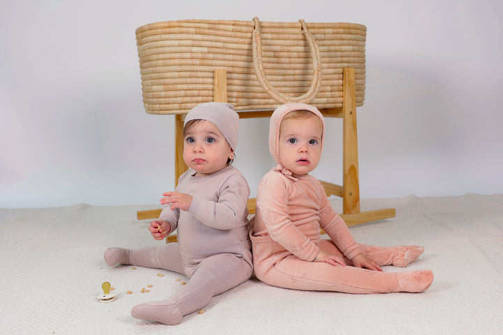 set knit cherry footie with hat and blanket - mauve