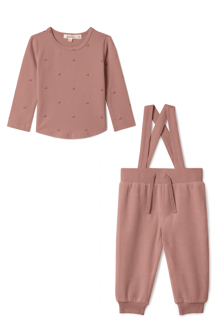 set outfit cherry printed tee and velour overalls - blossom