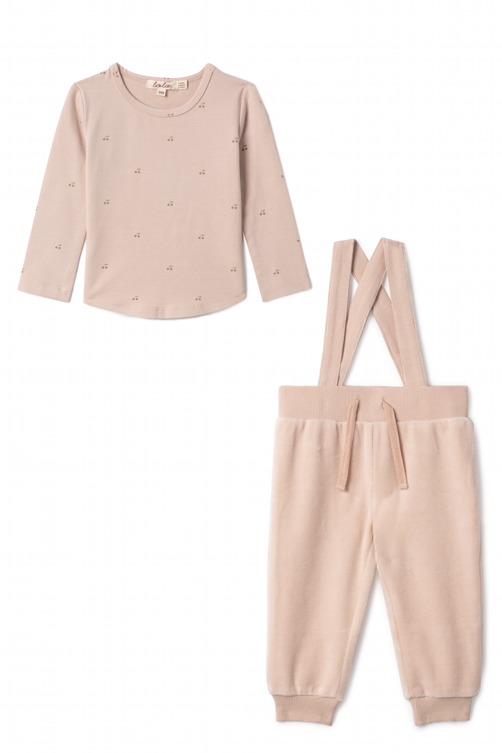 set outfit cherry printed tee and velour overalls - linen