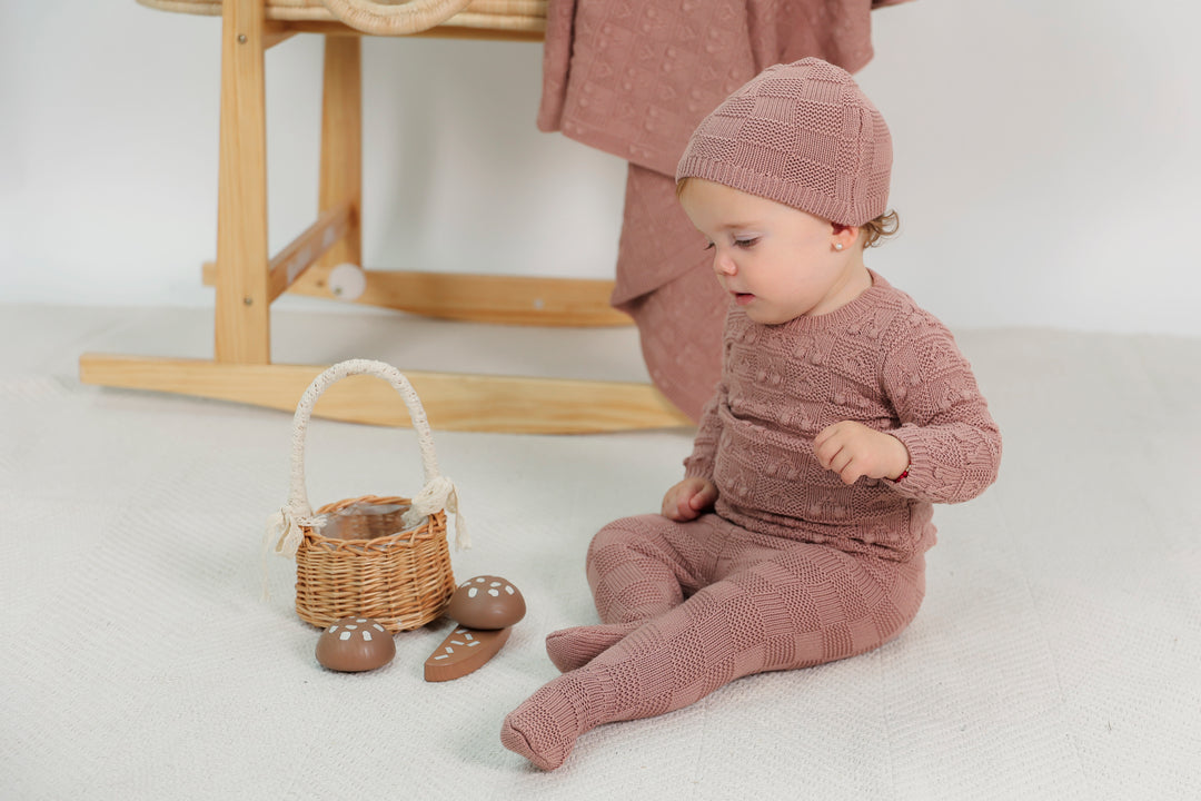 set knit chunky cherry top and legging with hat - blossom