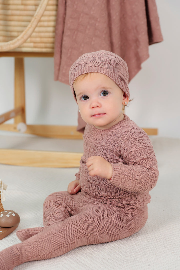 set knit chunky cherry top and legging with hat - blossom