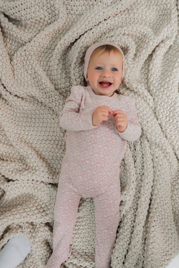 footie velour cherry print with beanie - mauve