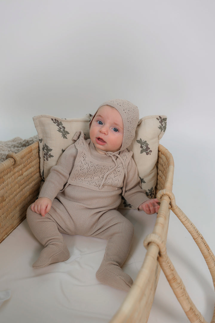 footie knitted bib with bonnet - mushroom
