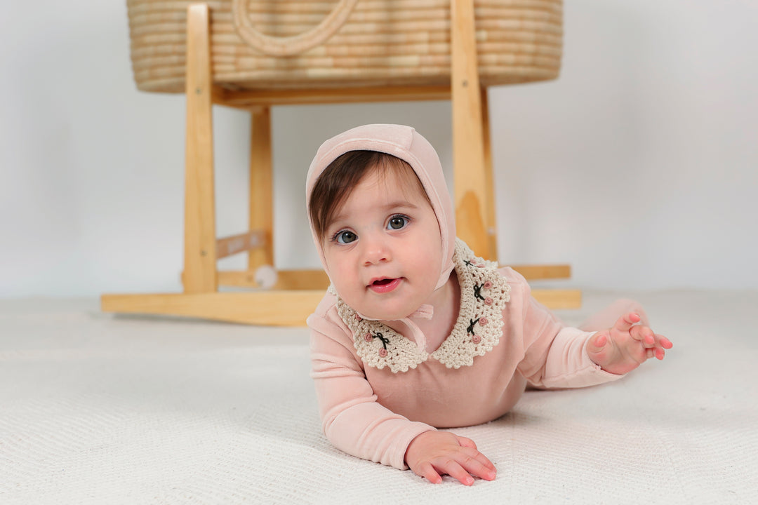 footie velour with crochet collar and bonnet - rose cloud