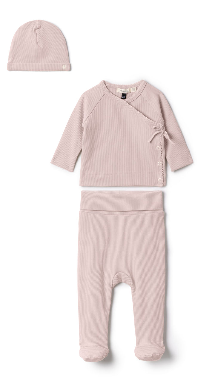 set knit ribbed wrap top and footie pants with beanie - primrose