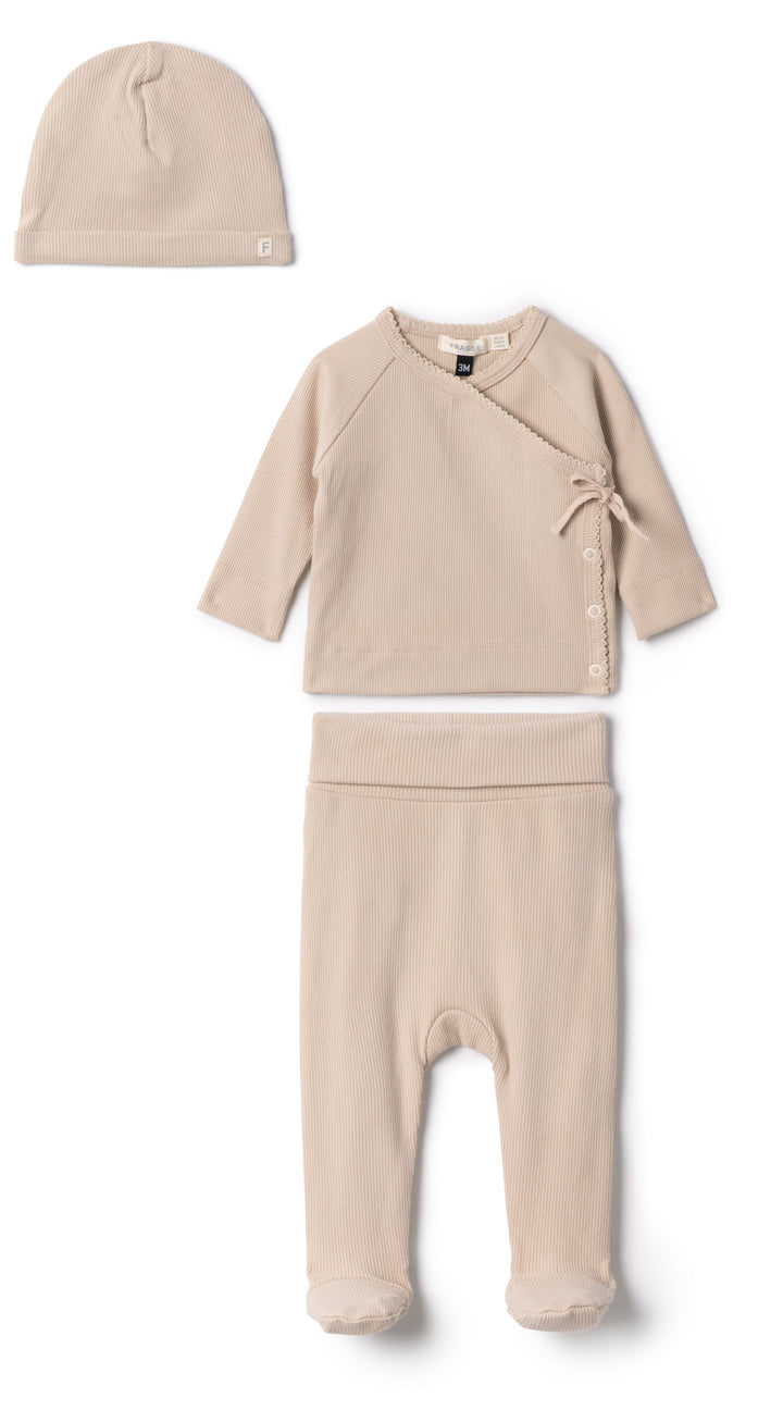 set knit ribbed wrap top and footie pants with beanie - sand