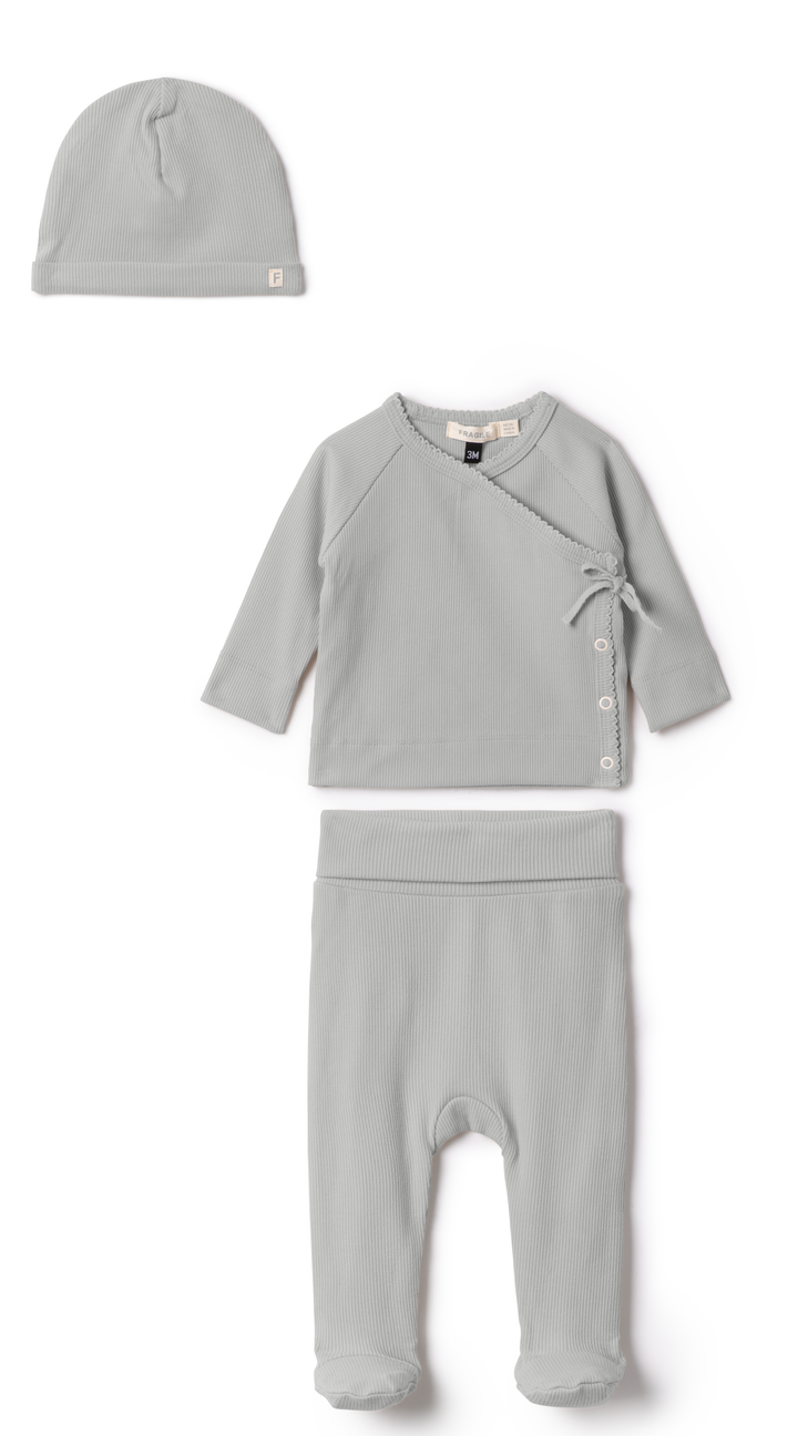 set knit ribbed wrap top and footie pants with beanie - seafoam
