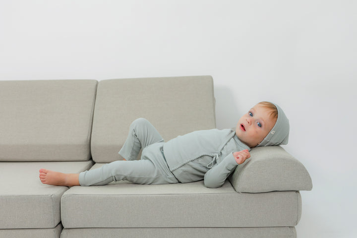 set knit ribbed wrap top and footie pants with beanie - seafoam