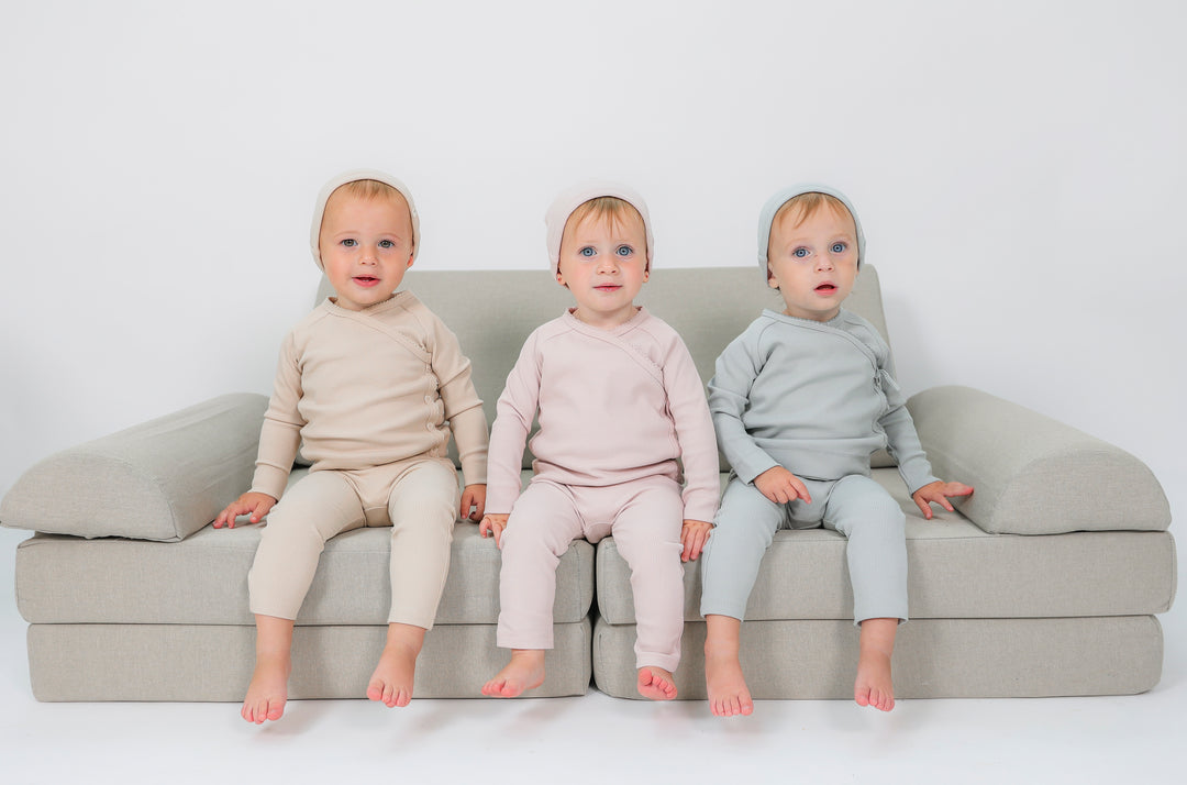 set knit ribbed wrap top and footie pants with beanie - sand