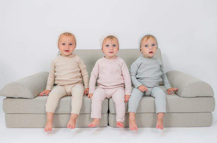 set knit ribbed wrap top and footie pants with beanie - sand