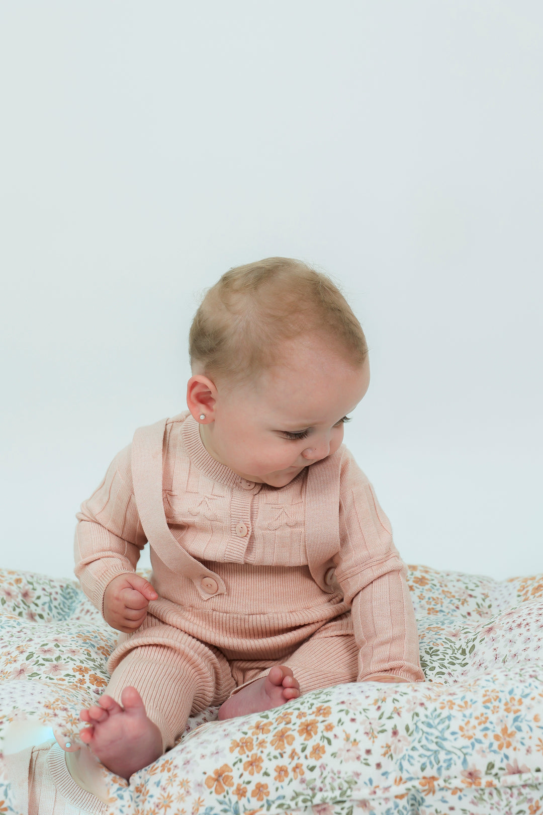 set outfit knit long overalls with cherry cardigan and beanie - pink mix